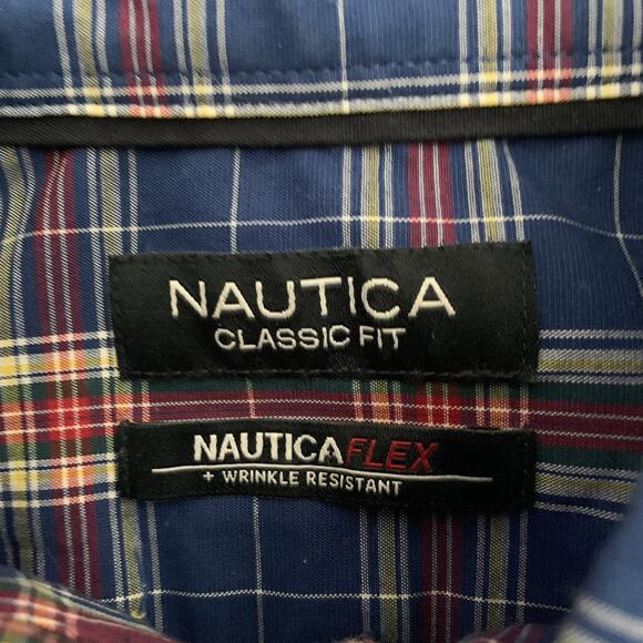 Nautica Flex Classic Fit Shirt Mens Sz Small Navy Blue Plaid Button Up Stretch - Picture 2 of 7